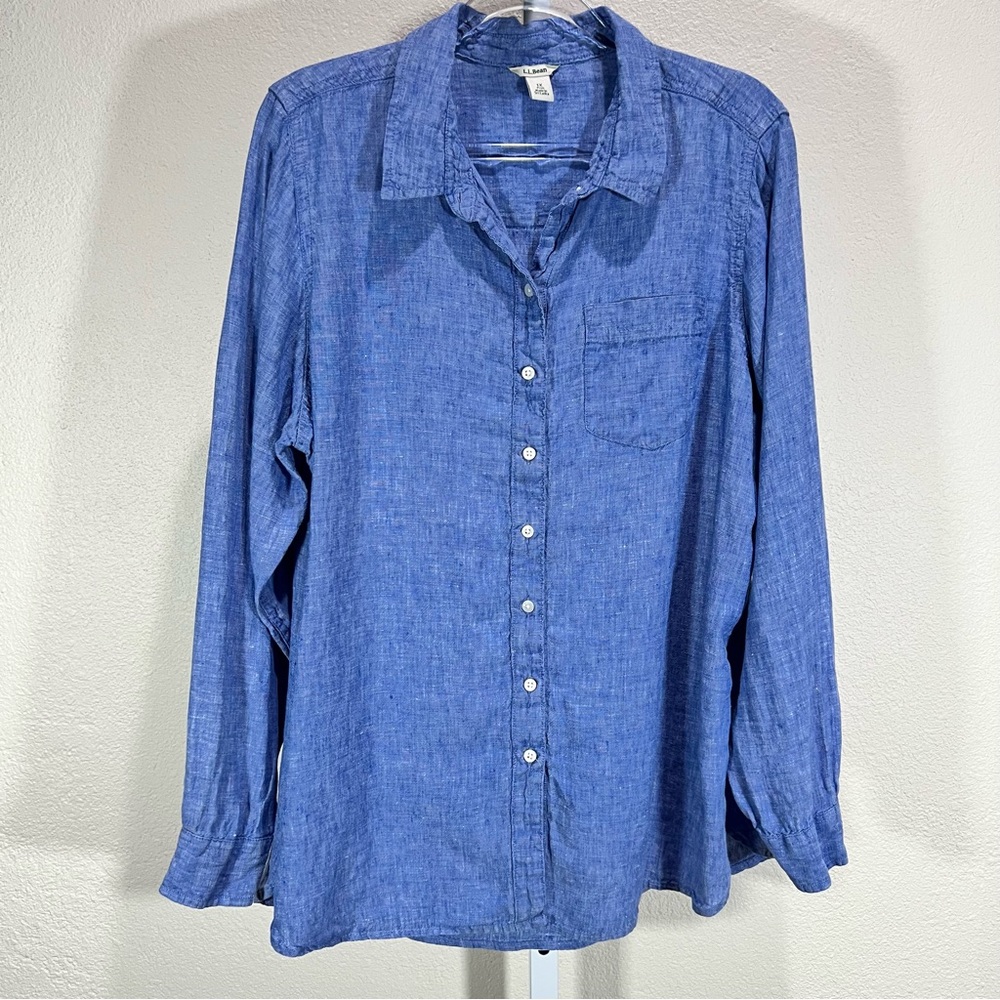 L. L. Bean Womens Blue 100% Linen Shirt Plus 1X Button Up Long Sleeve